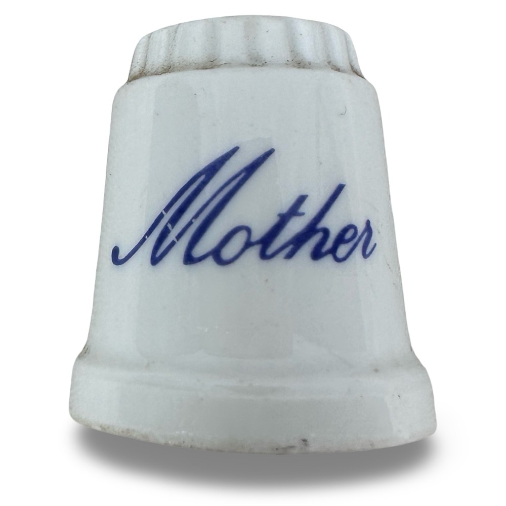 House of Goebel W Germany Porcelain Mother Thimble Blue White Vintage Sewing